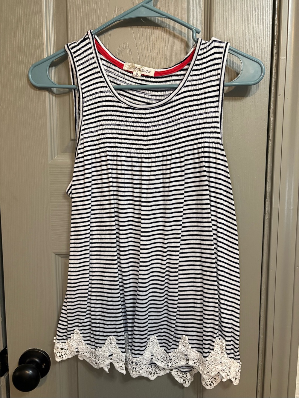 Rewind Black & White Striped Tank with Crochet Hem
